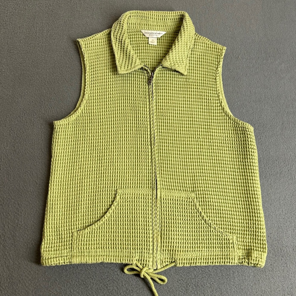 Christopher & Banks Vest Womens PS Green Waffle Knit Zip Up Drawstring Casual